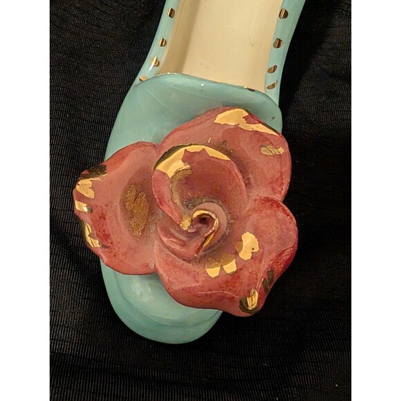 1952 Ceramic Light Blue w Red Rose & Gold High Heel Shoe by Kozaks Yankton SD - Picture 10 of 10